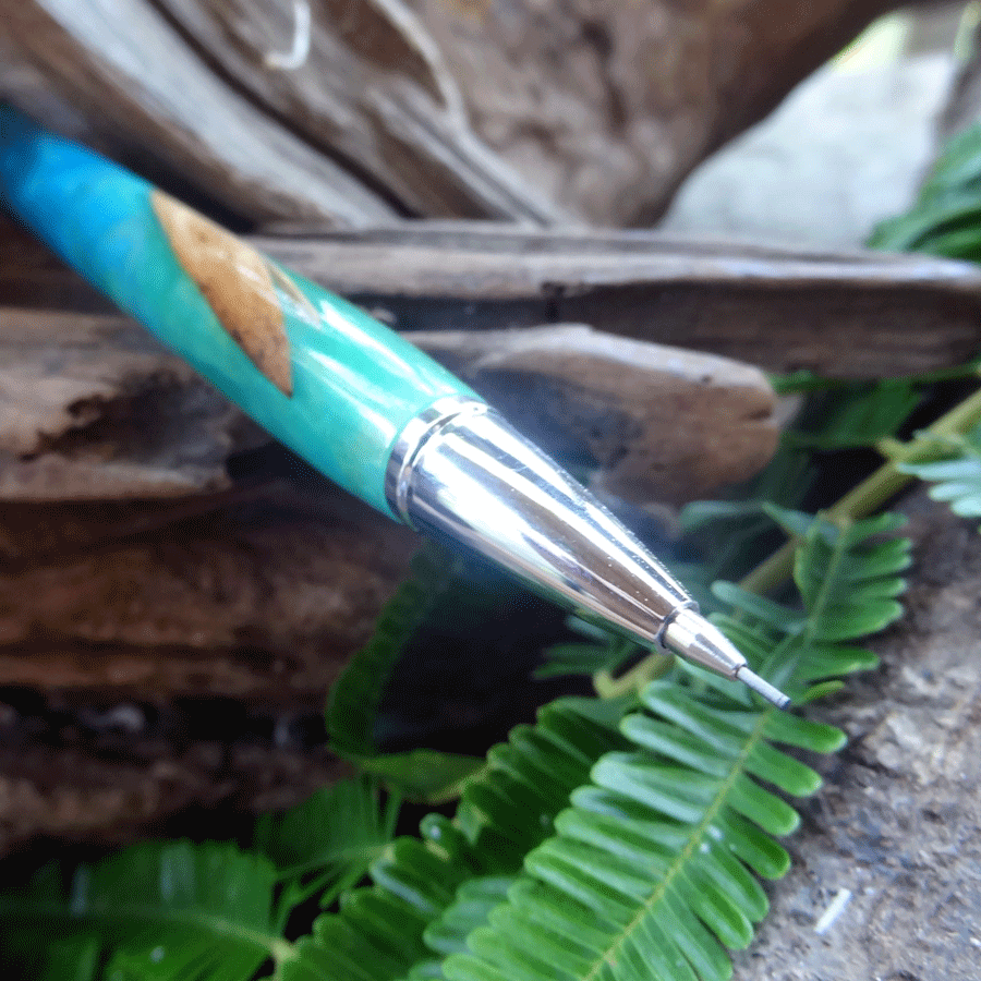 Driftwood and blue and turquoise resin mechanical pencil