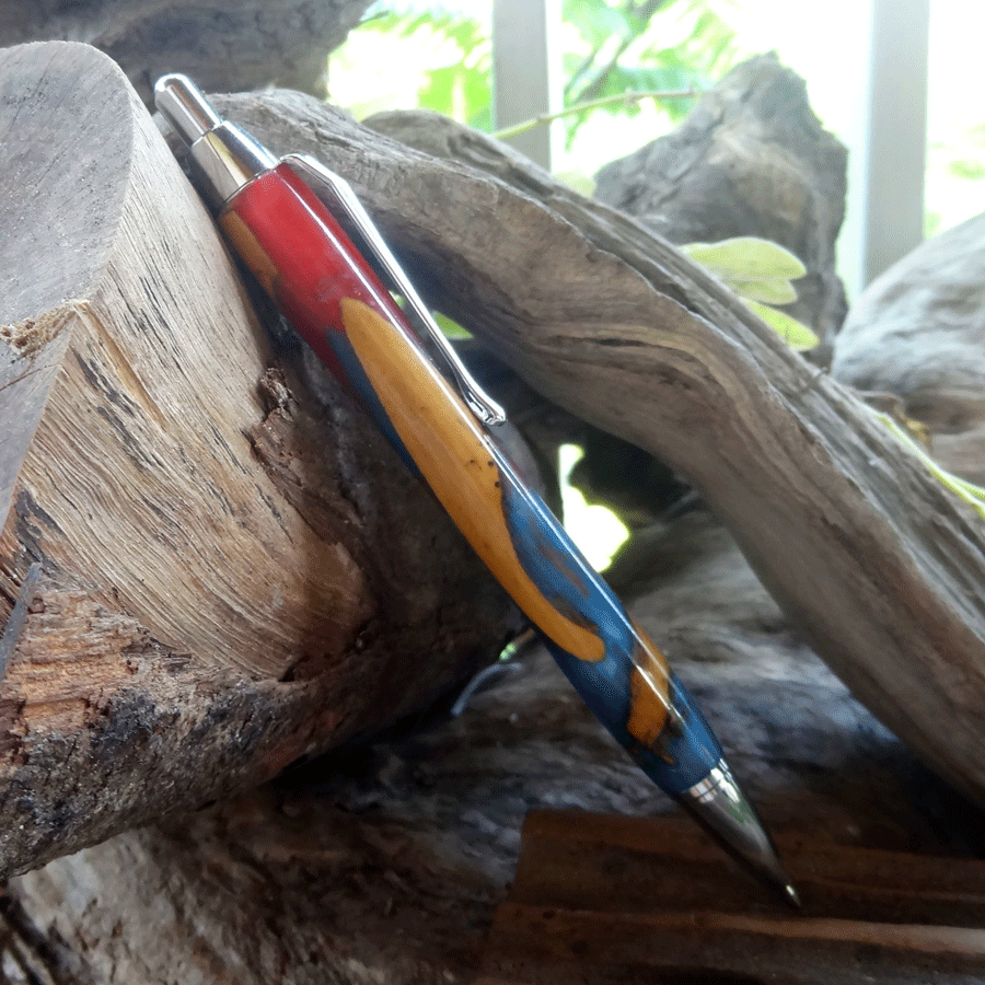 Driftwood and blue and reddish pink resin mechanical pencil