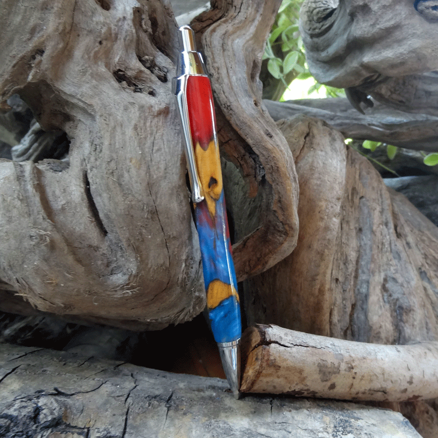 Driftwood and blue and reddish pink resin mechanical pencil