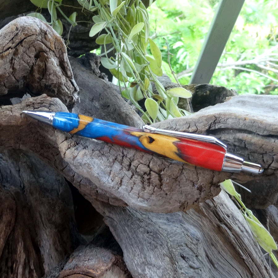 Driftwood and blue and reddish pink resin mechanical pencil