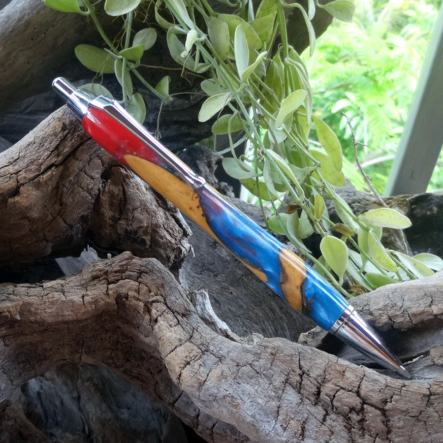 Driftwood and blue and reddish pink resin mechanical pencil