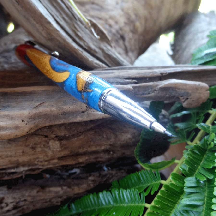 Driftwood and blue and reddish pink resin mechanical pencil