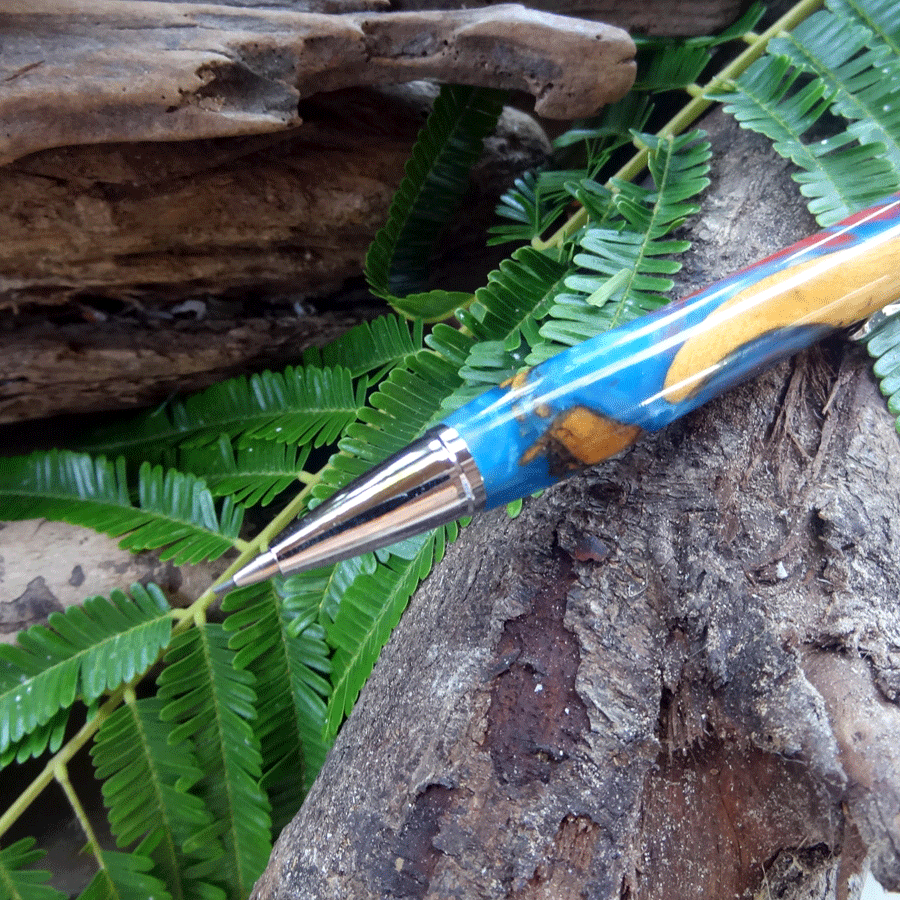 Driftwood and blue and reddish pink resin mechanical pencil