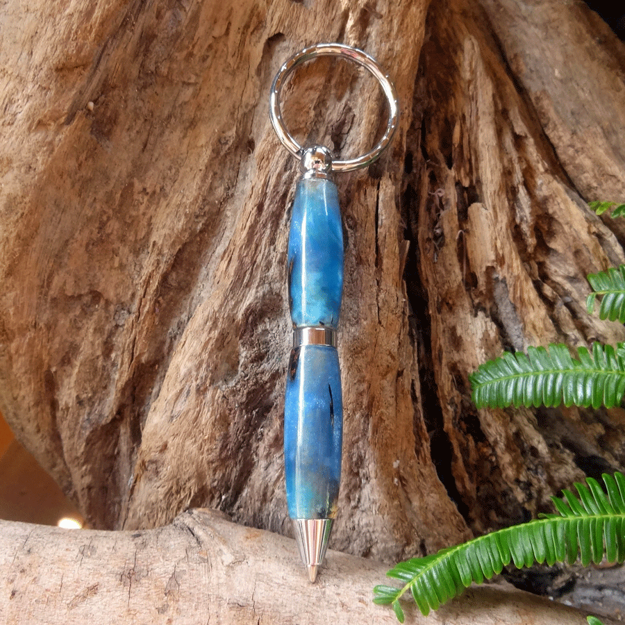 Driftwood and blue resin key chain twist pen