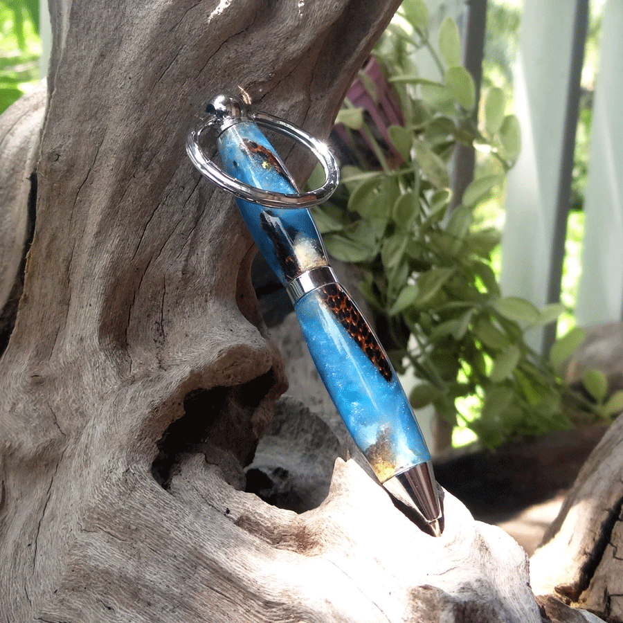 Driftwood and blue resin key chain twist pen