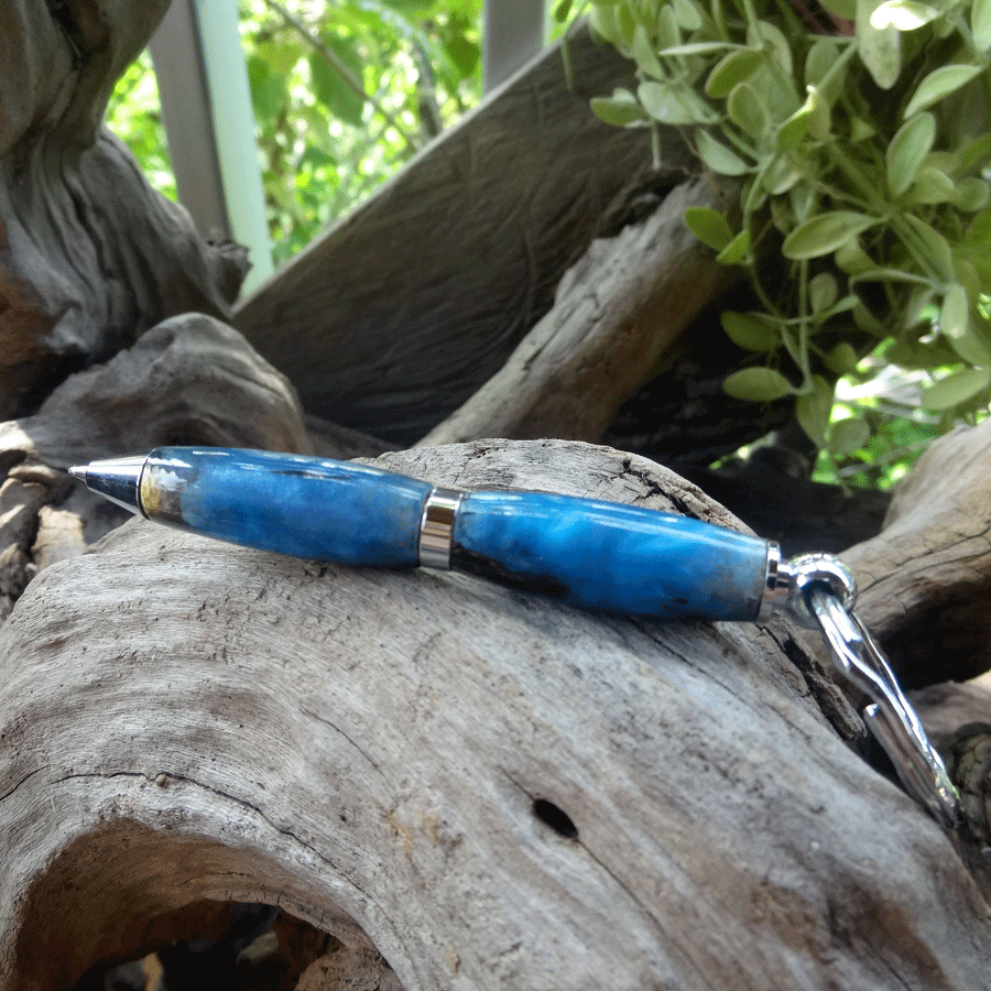 Driftwood and blue resin key chain twist pen