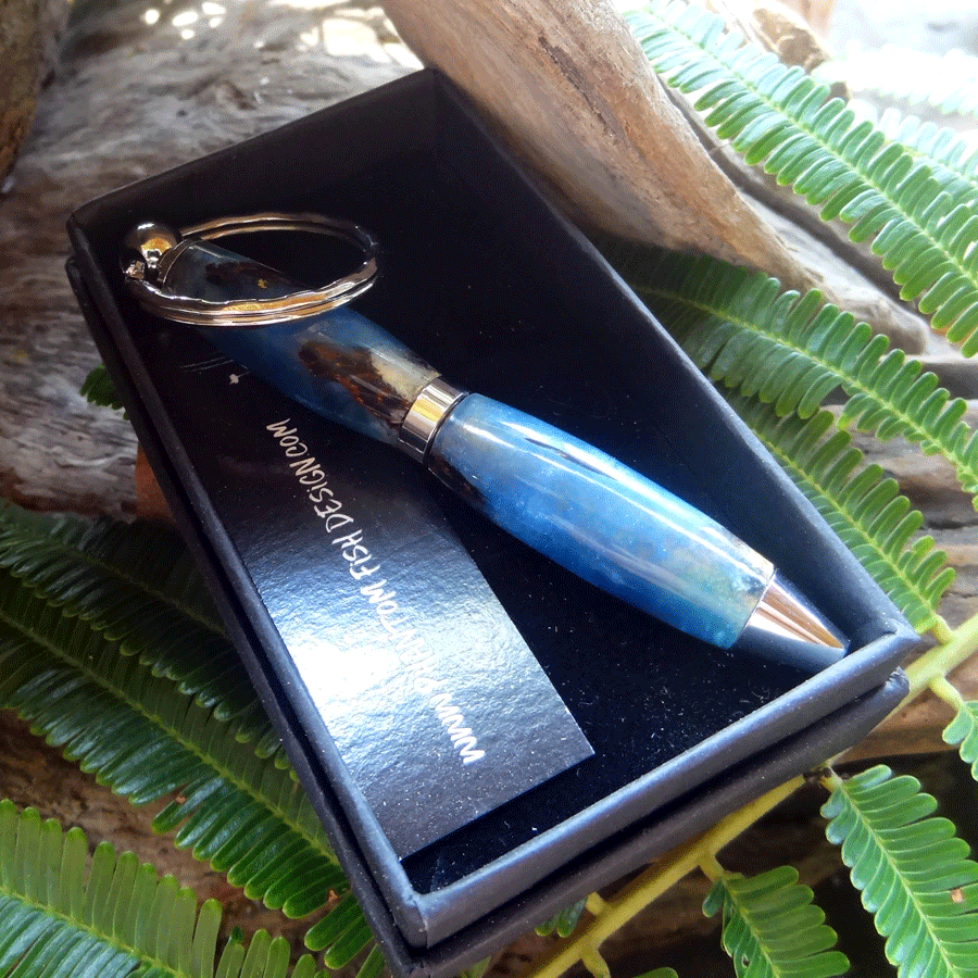 Driftwood and blue resin key chain twist pen