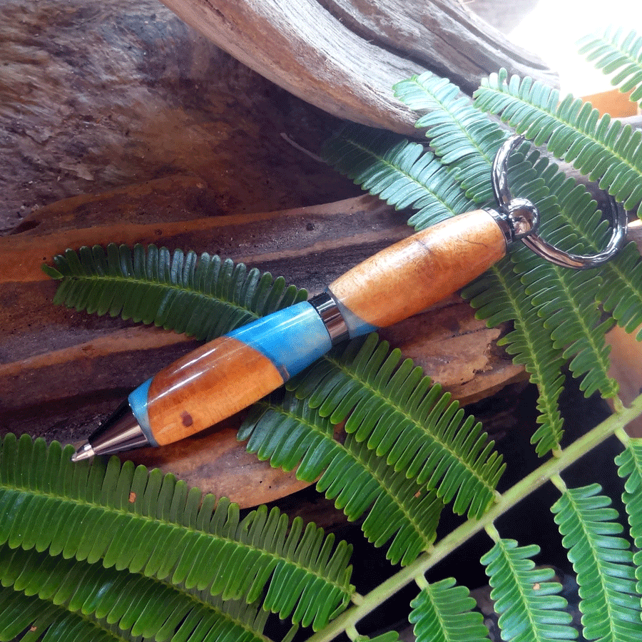 Driftwood and blue resin key chain twist pen