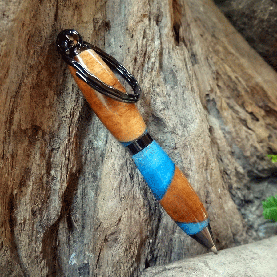 Driftwood and blue resin key chain twist pen