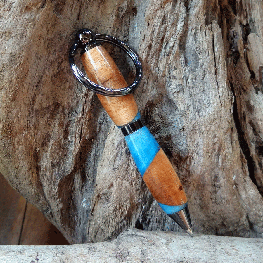 Driftwood and blue resin key chain twist pen