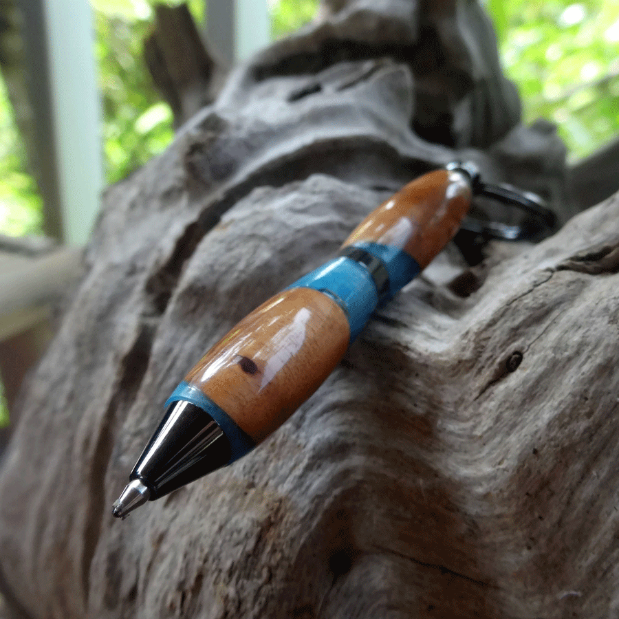 Driftwood and blue resin key chain twist pen