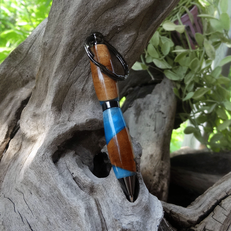 Driftwood and blue resin key chain twist pen