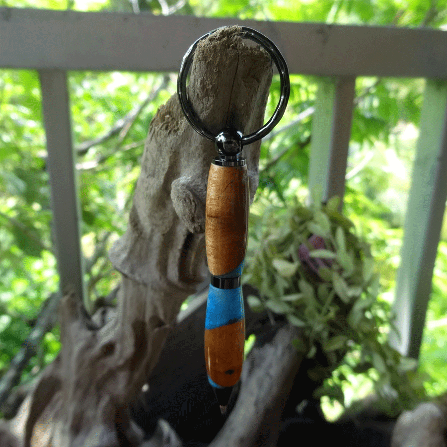 Driftwood and blue resin key chain twist pen