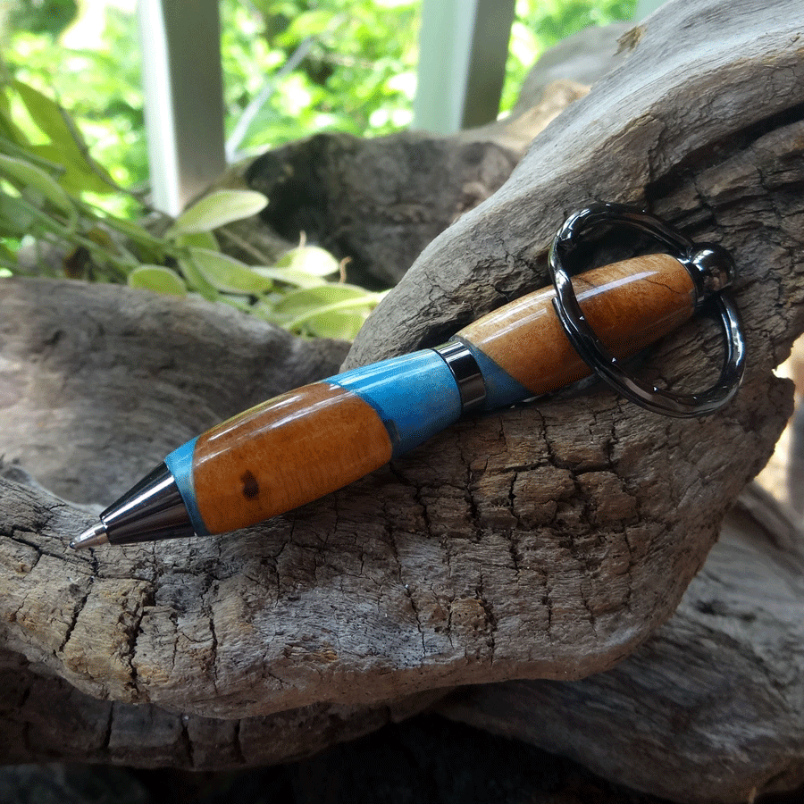 Driftwood and blue resin key chain twist pen