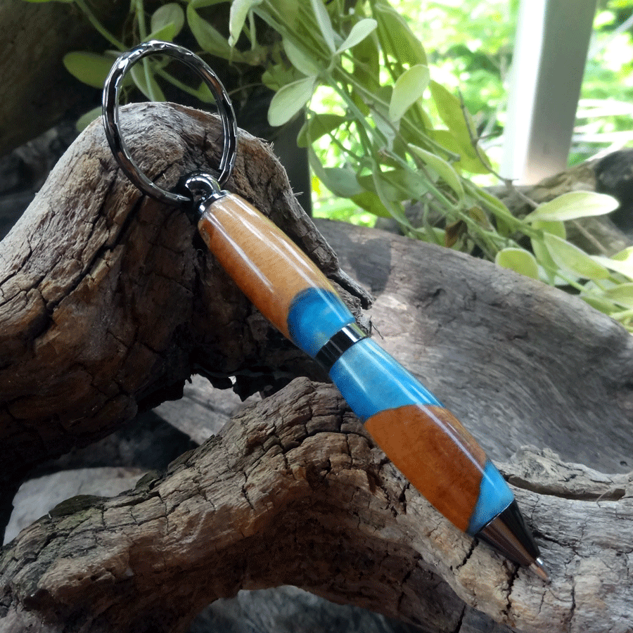 Driftwood and blue resin key chain twist pen