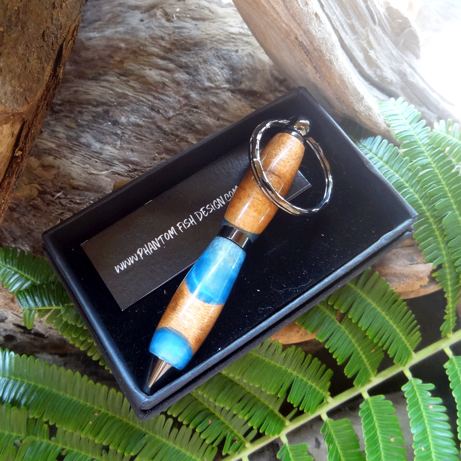 Driftwood and blue resin key chain twist pen