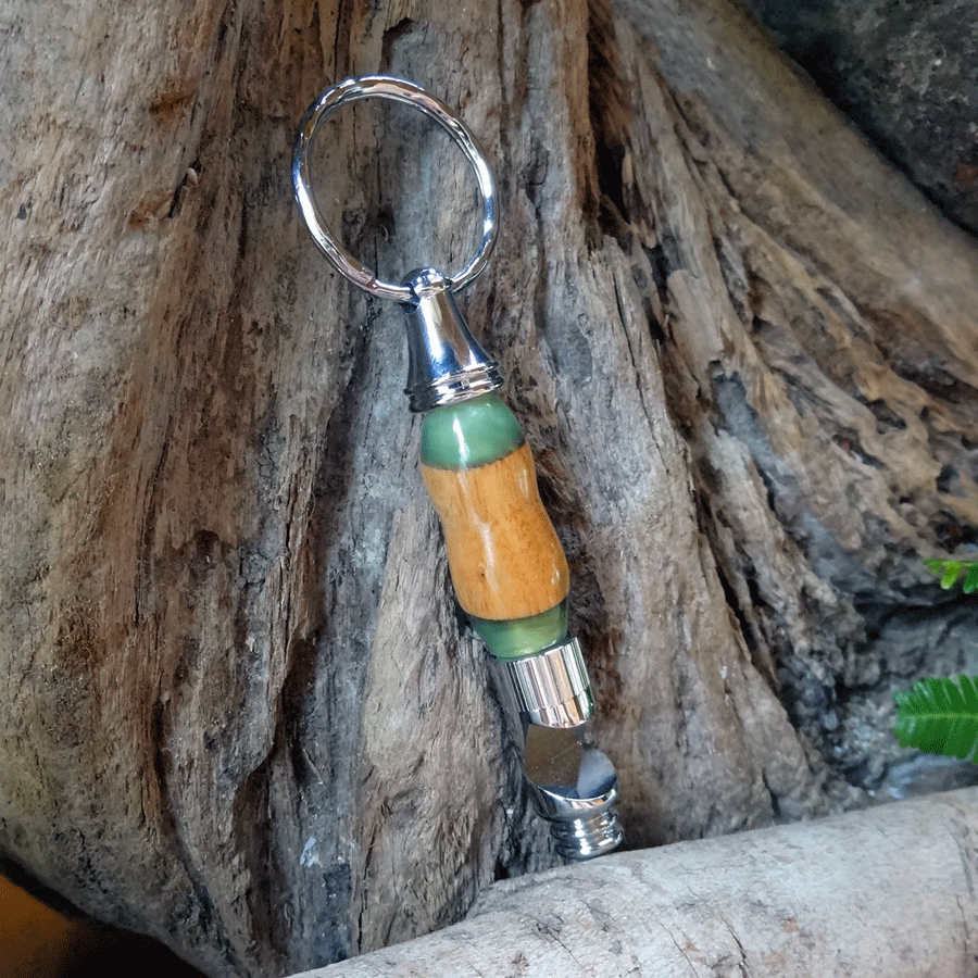 Driftwood and green resin key chain bottle opener