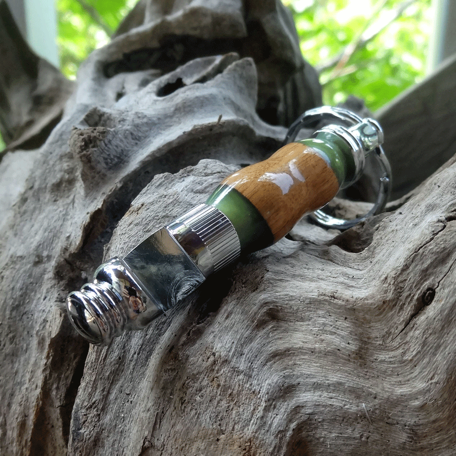 Driftwood and green resin key chain bottle opener