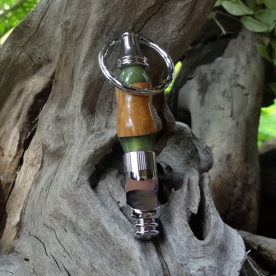 Driftwood and green resin key chain bottle opener