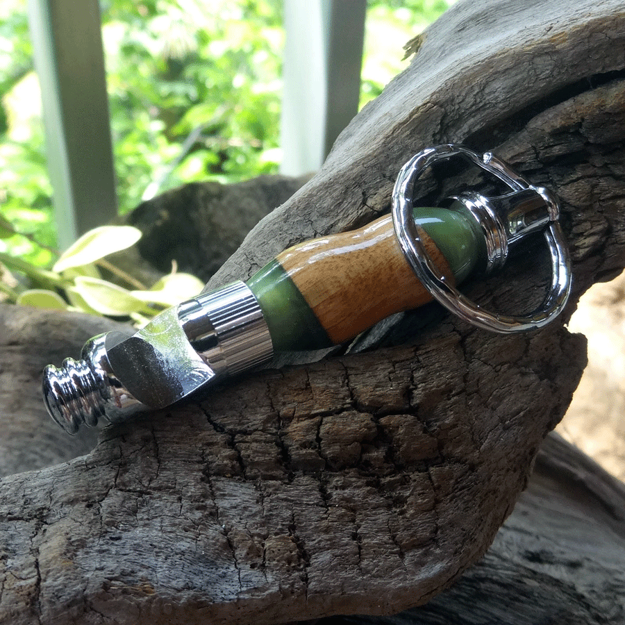 Driftwood and green resin key chain bottle opener