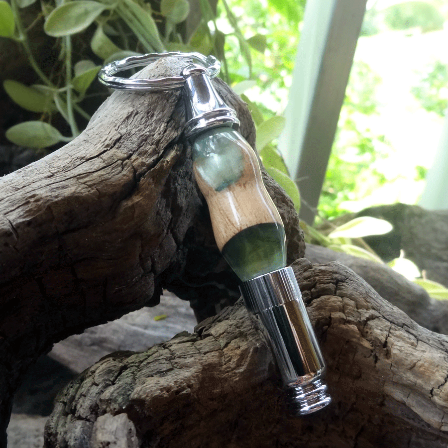 Driftwood and green resin key chain bottle opener