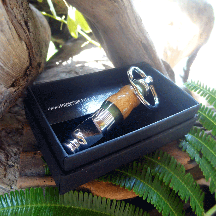 Driftwood and green resin key chain bottle opener