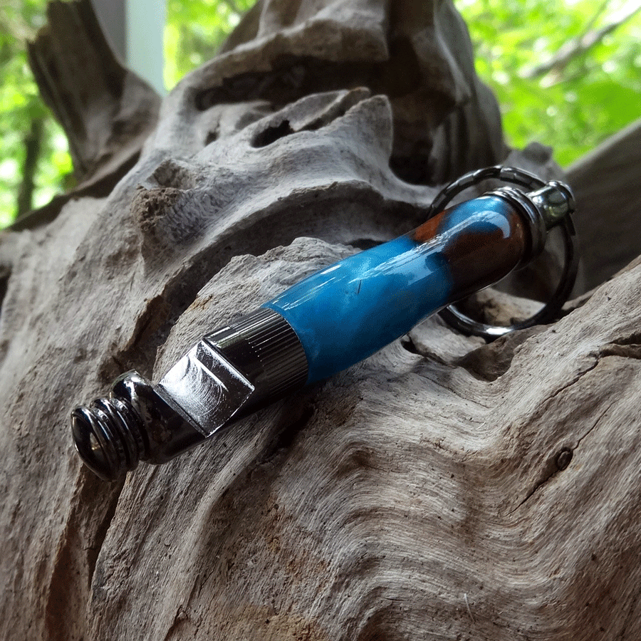 Driftwood and blue resin key chain bottle opener