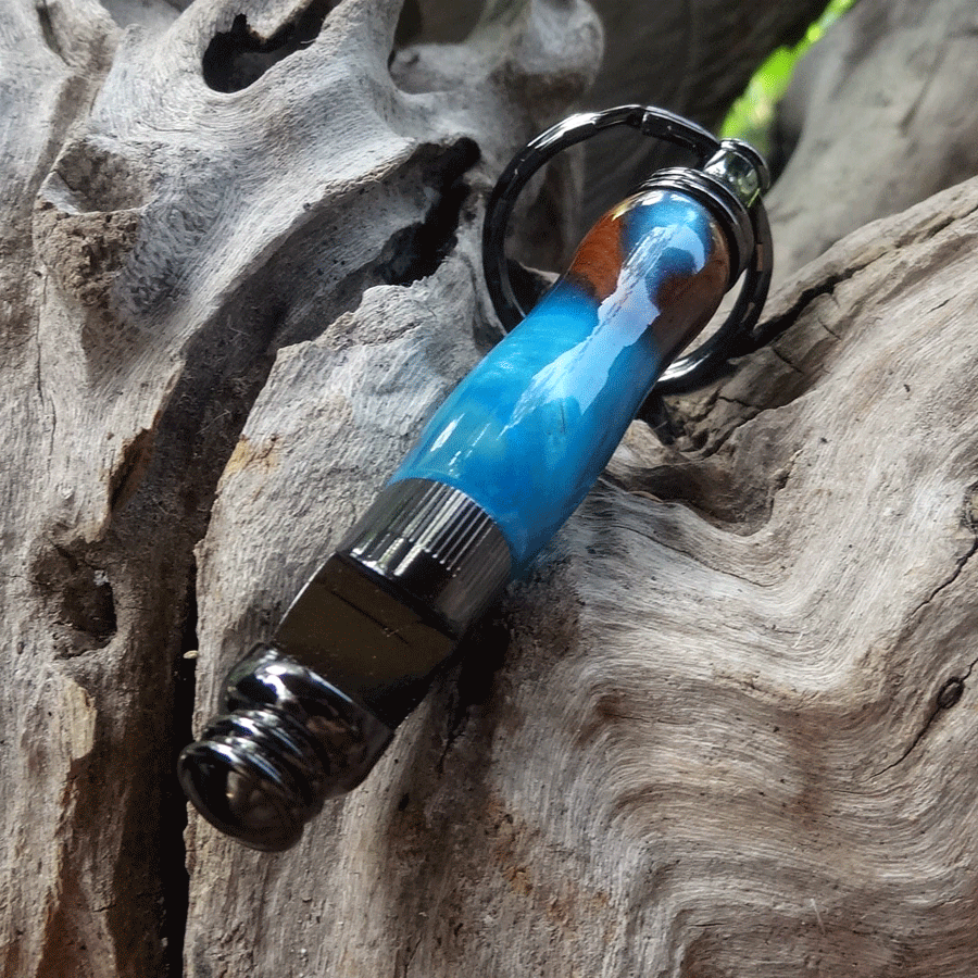 Driftwood and blue resin key chain bottle opener