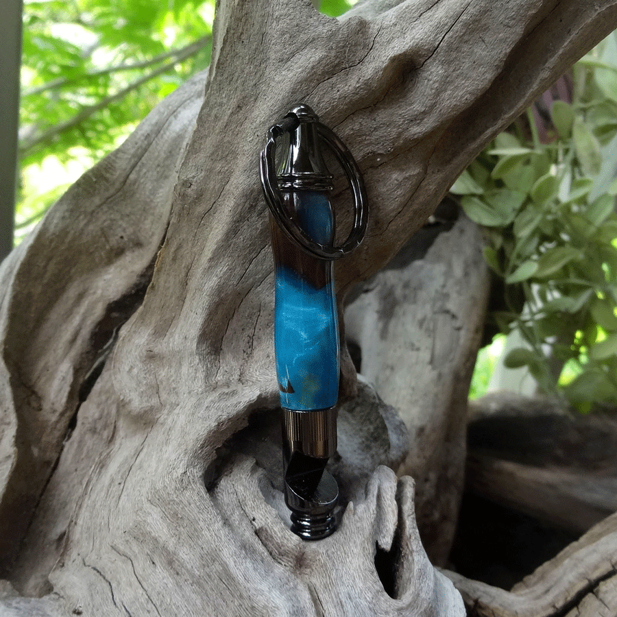 Driftwood and blue resin key chain bottle opener