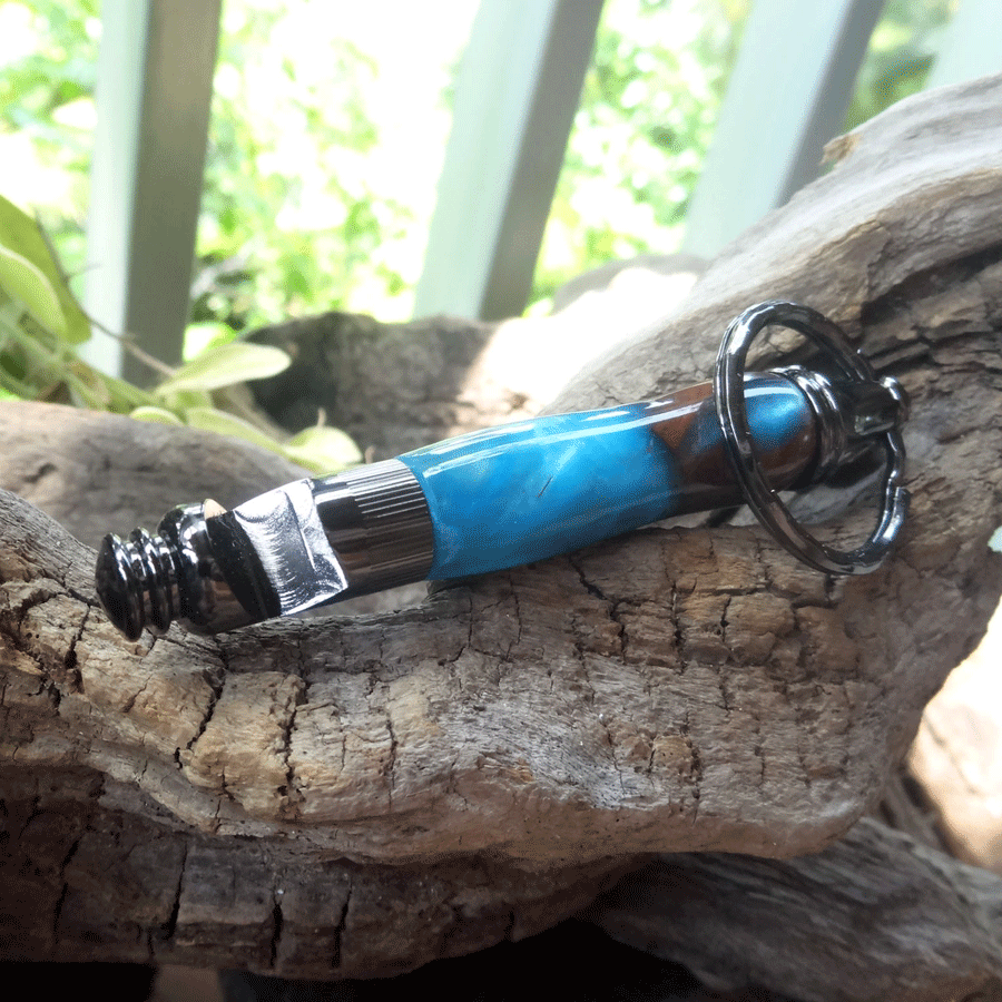 Driftwood and blue resin key chain bottle opener