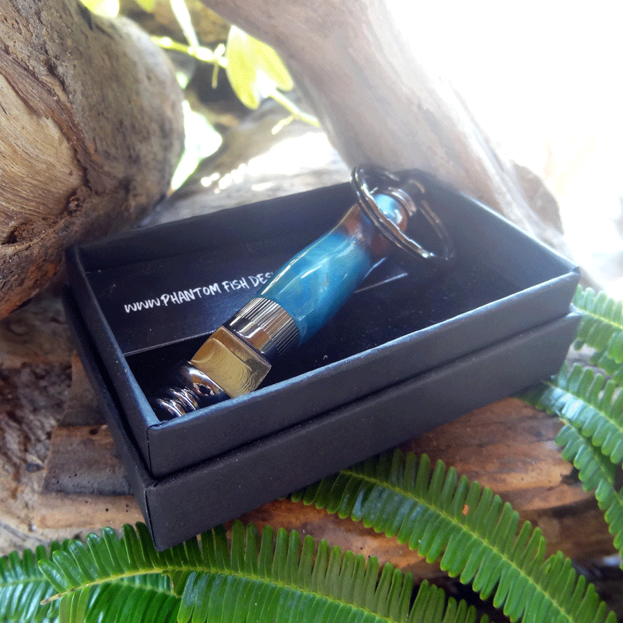 Driftwood and blue resin key chain bottle opener