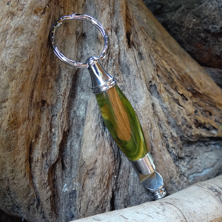 Driftwood and green resin key chain bottle opener