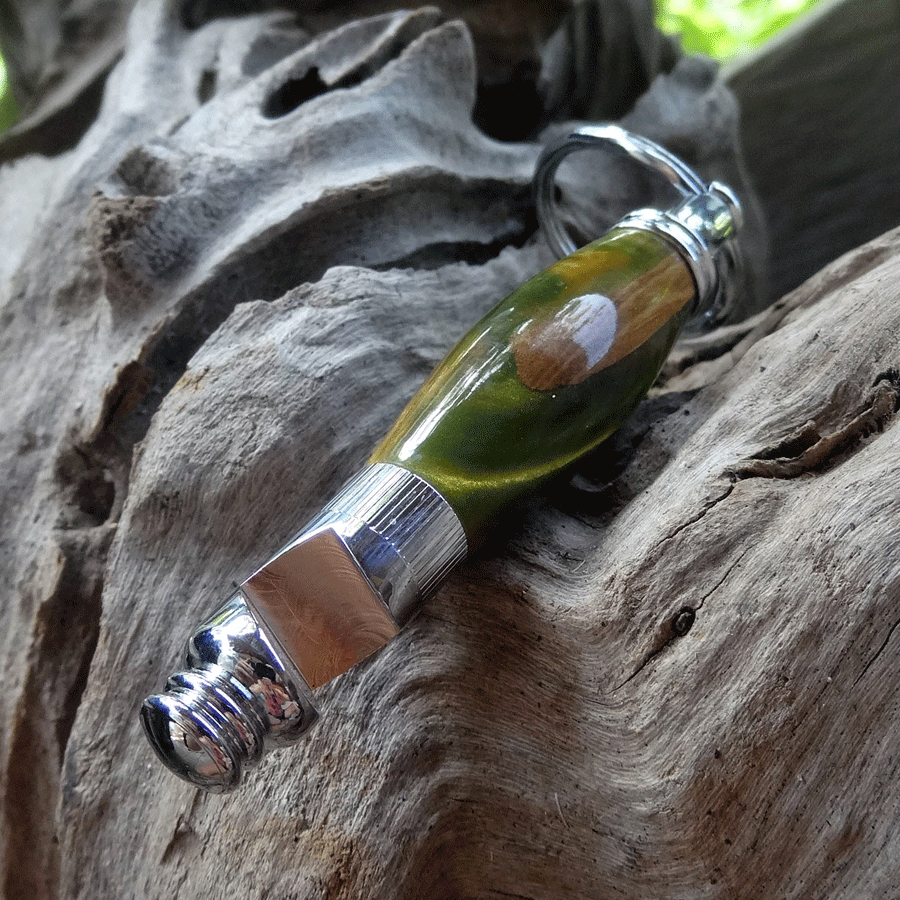 Driftwood and green resin key chain bottle opener