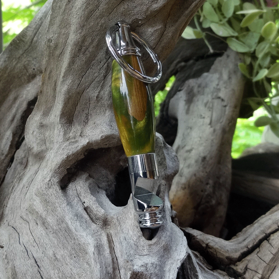 Driftwood and green resin key chain bottle opener