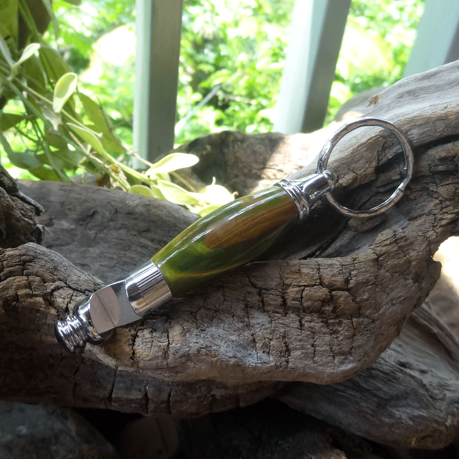 Driftwood and green resin key chain bottle opener