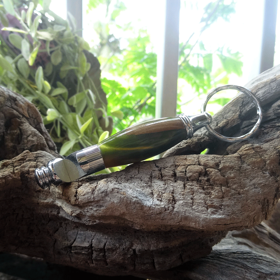 Driftwood and green resin key chain bottle opener