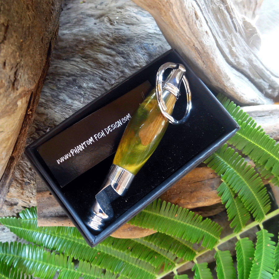 Driftwood and green resin key chain bottle opener