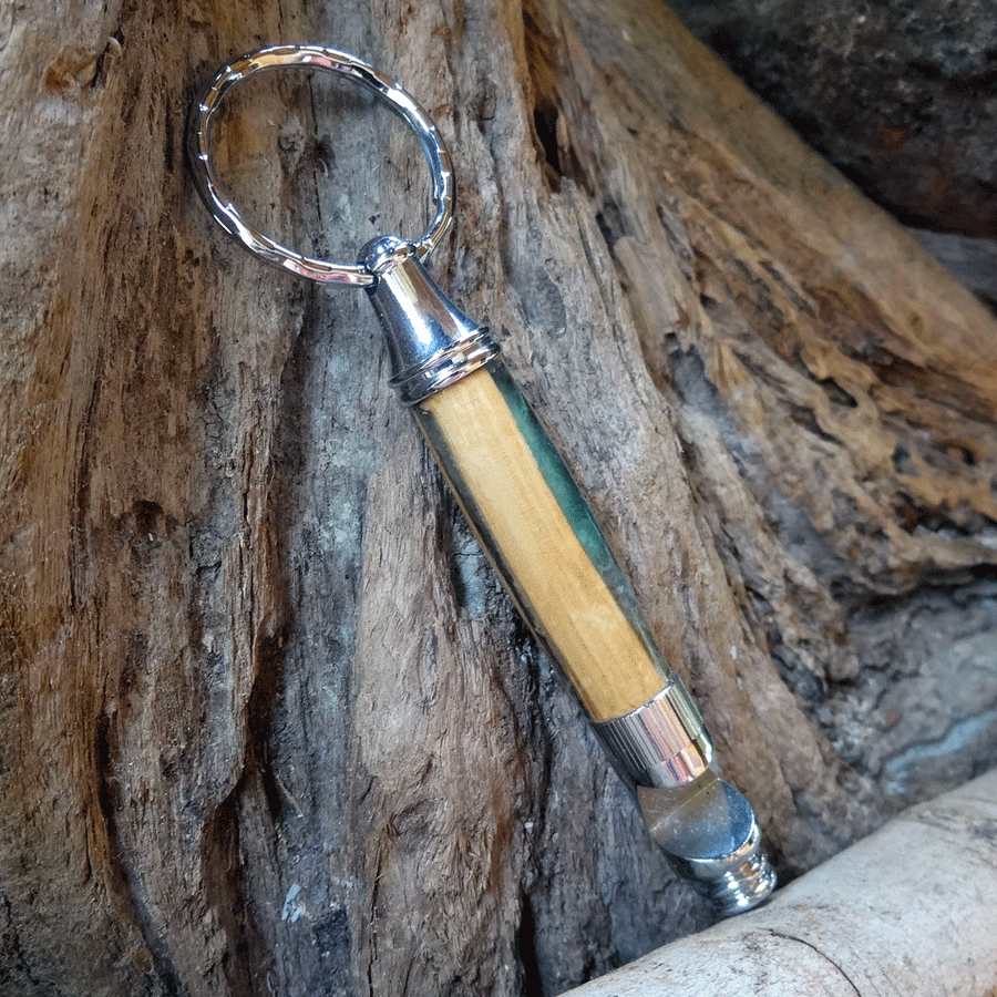 Driftwood and green resin key chain bottle opener