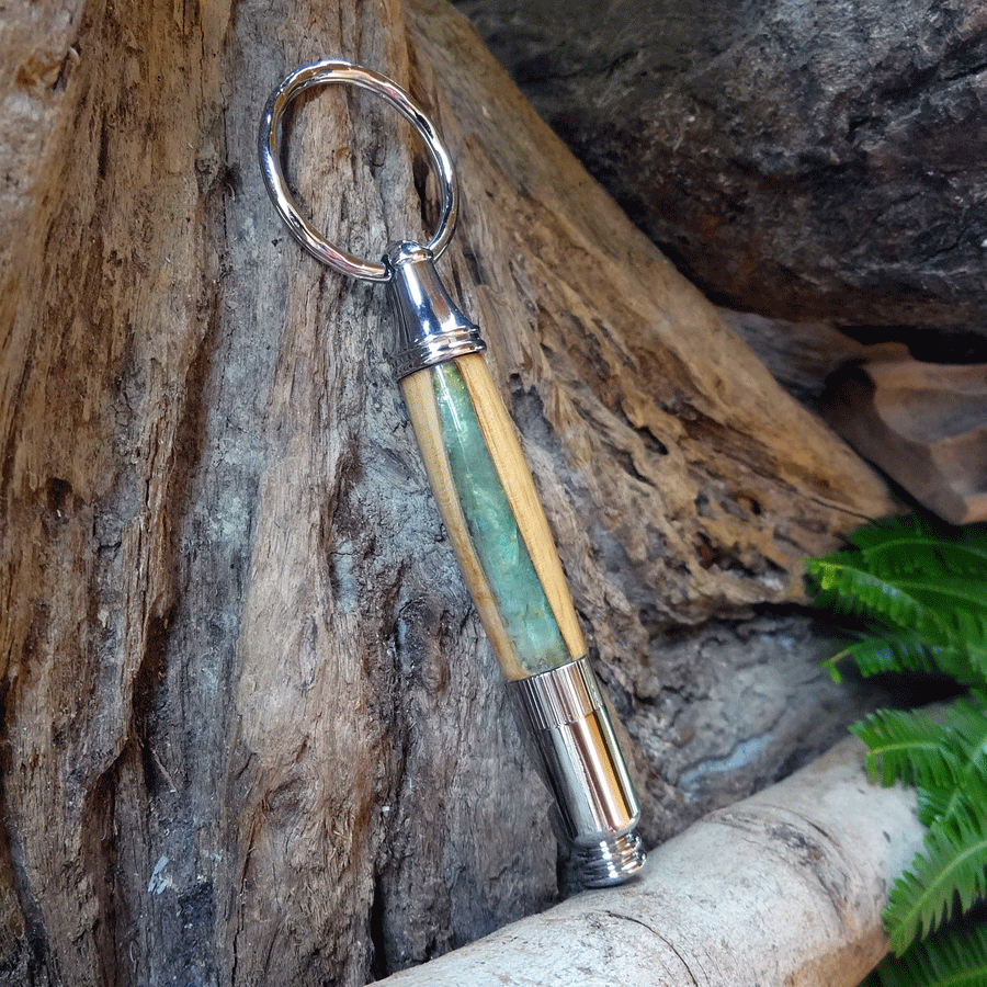 Driftwood and green resin key chain bottle opener