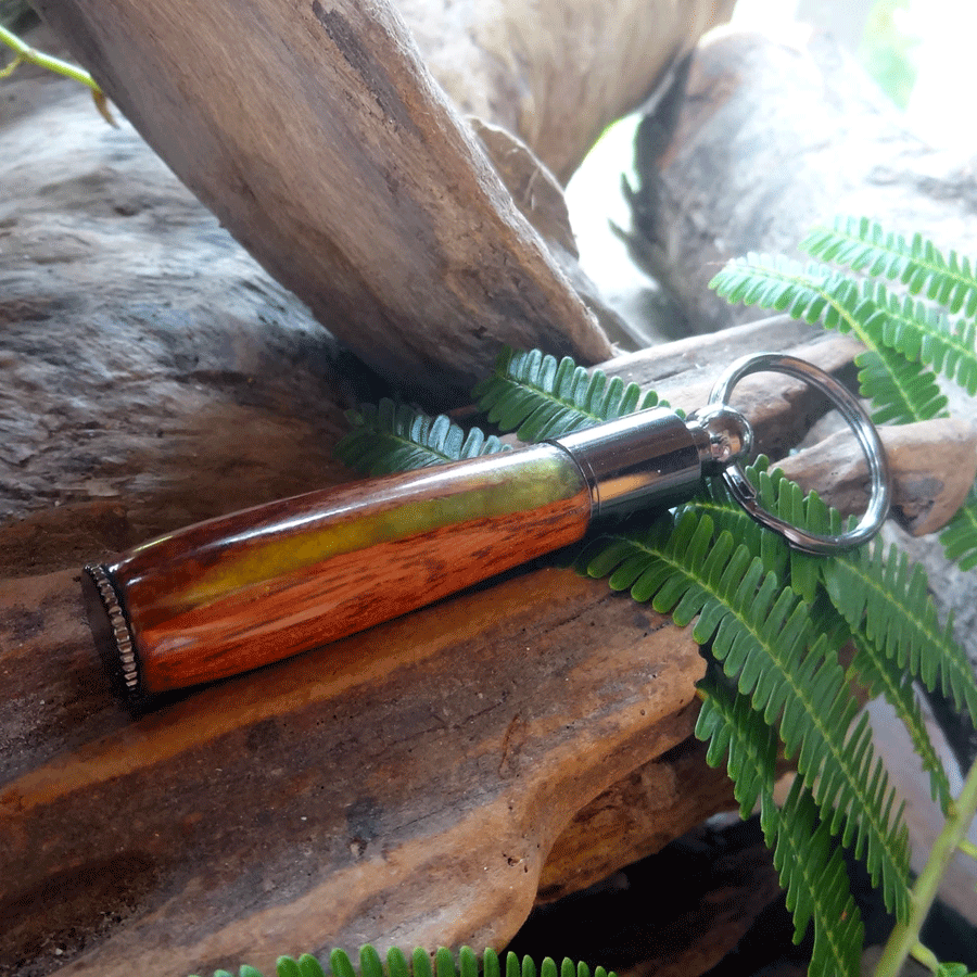 Driftwood and green and red resin key chain pen