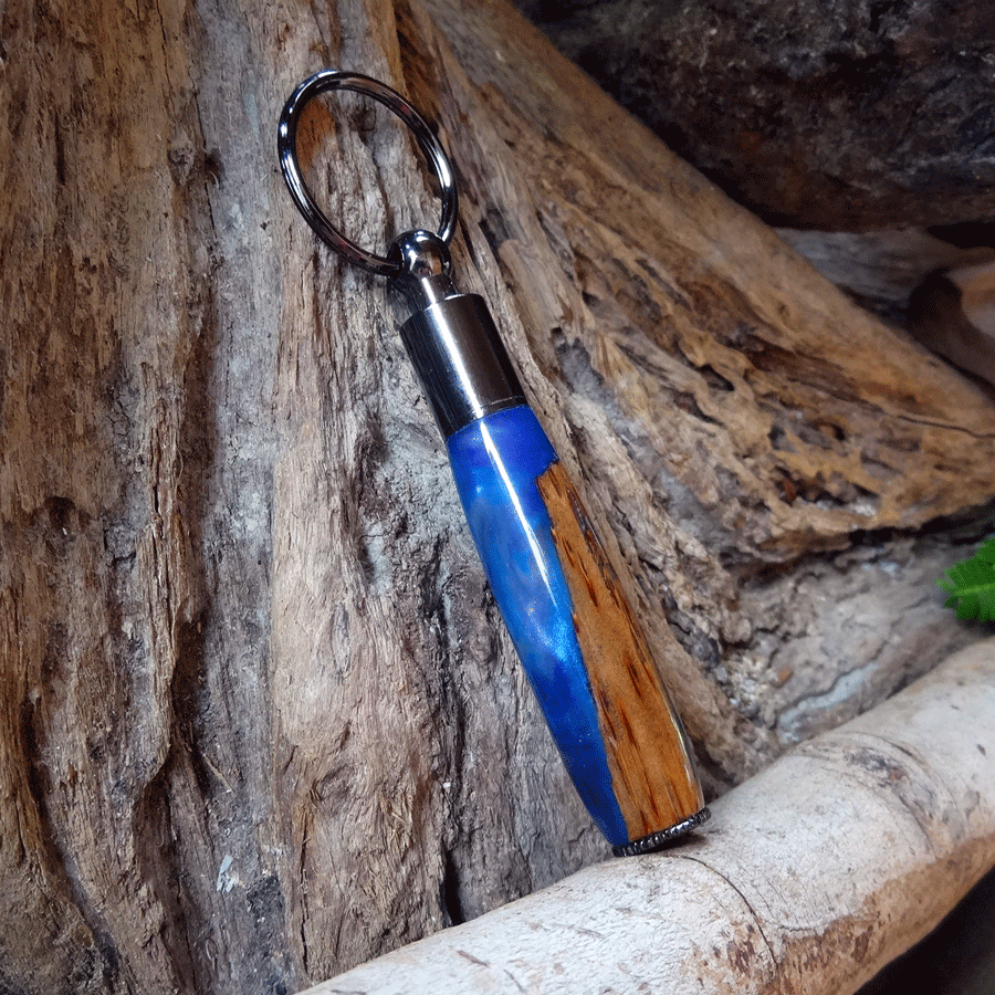 Driftwood and blue and purple resin key chain pen