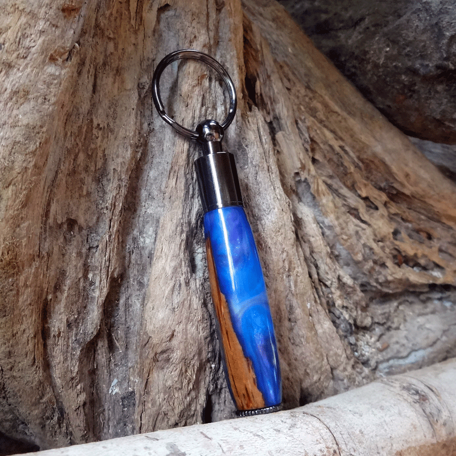 Driftwood and blue and purple resin key chain pen