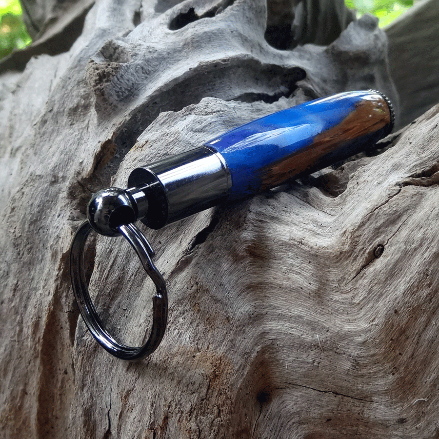 Driftwood and blue and purple resin key chain pen