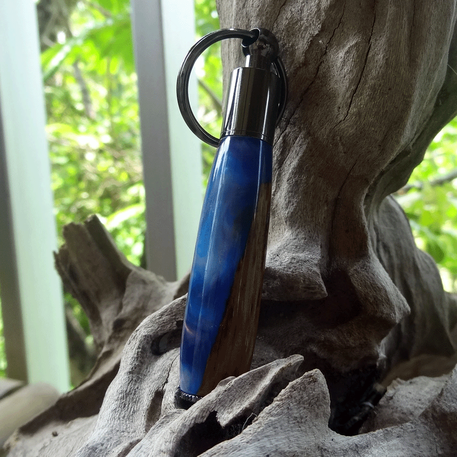 Driftwood and blue and purple resin key chain pen