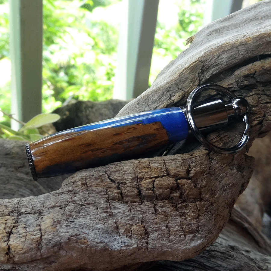 Driftwood and blue and purple resin key chain pen