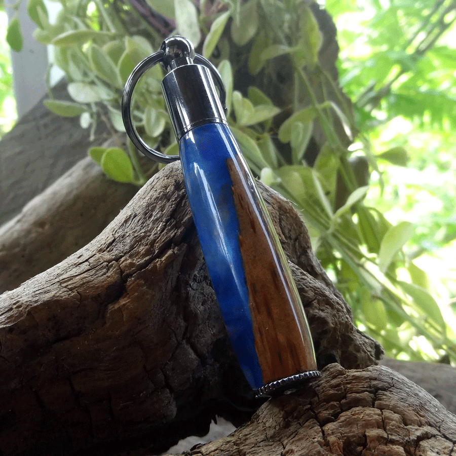 Driftwood and blue and purple resin key chain pen