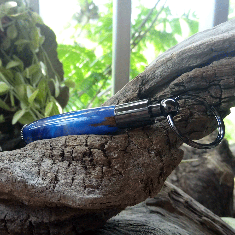 Driftwood and blue and purple resin key chain pen