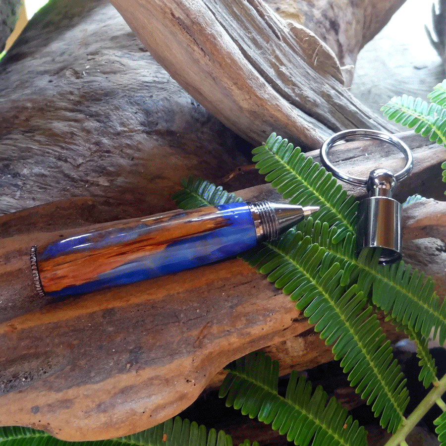 Driftwood and blue and purple resin key chain pen