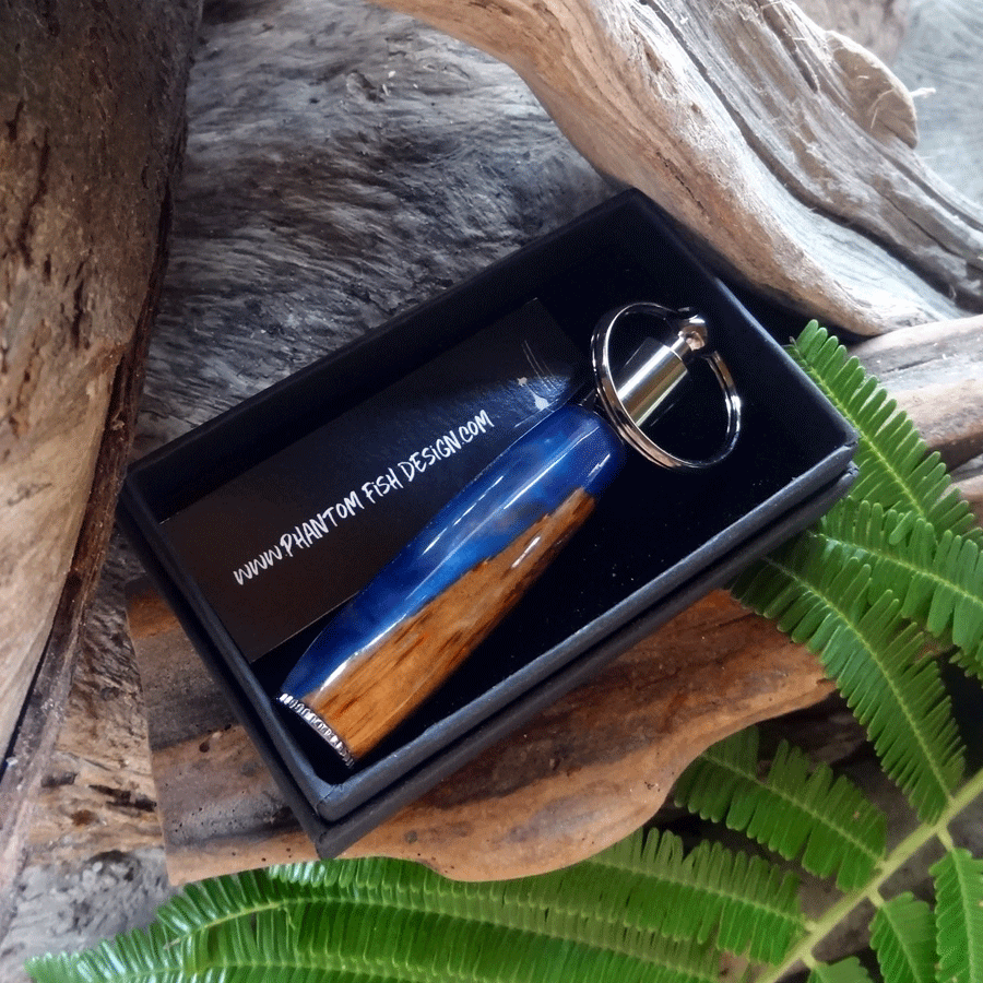 Driftwood and blue and purple resin key chain pen