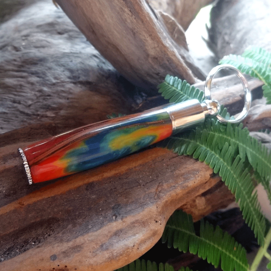 Driftwood and rainbow coloured resin key chain pen